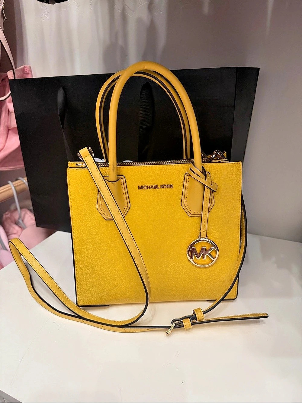 Michael Kors Mercer Medium Pebbled Leather Crossbody Bag Yellow Tote Bag